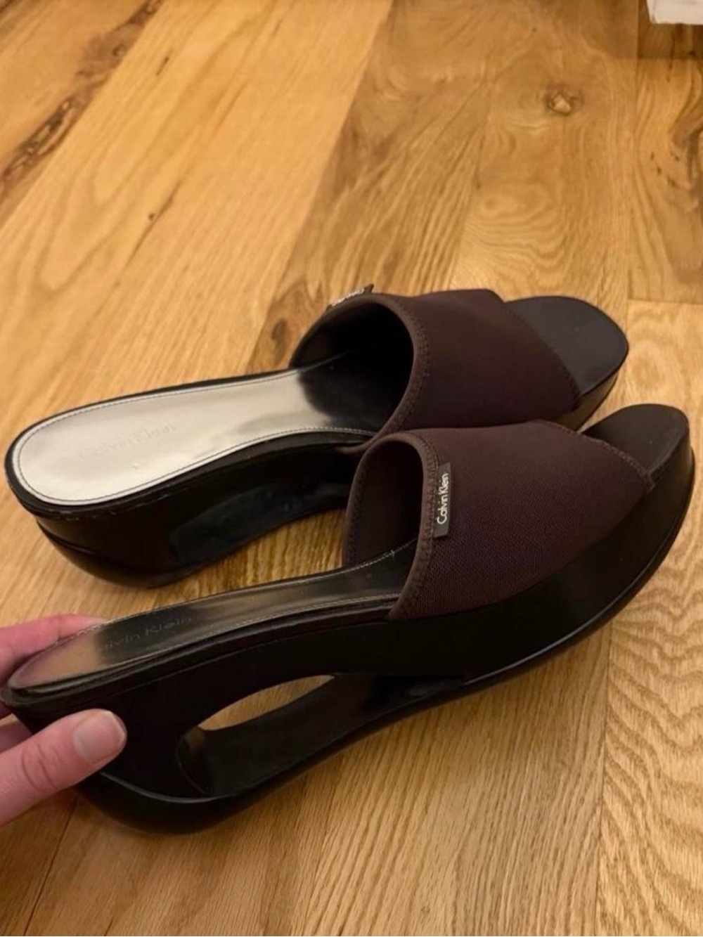 Calvin Klein Dark Brown Open-Toe Slide Wedge Clogs